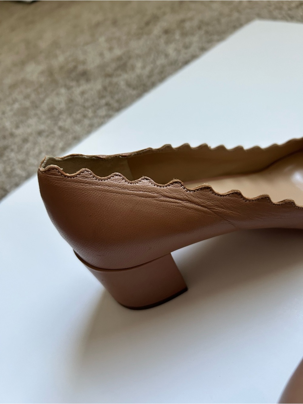 Chloe Lauren Nude Scalloped Block Heel Pump Shoes - Picture 15 of 16